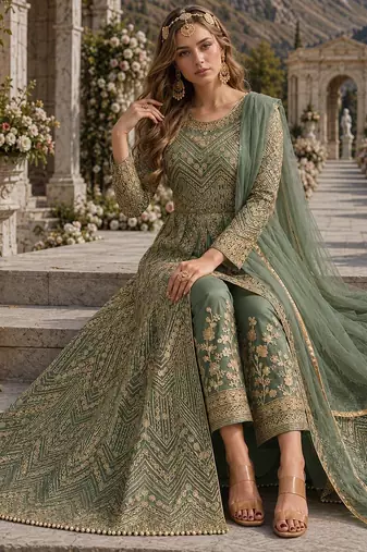Green embroidered net semi stitched anarkali suit