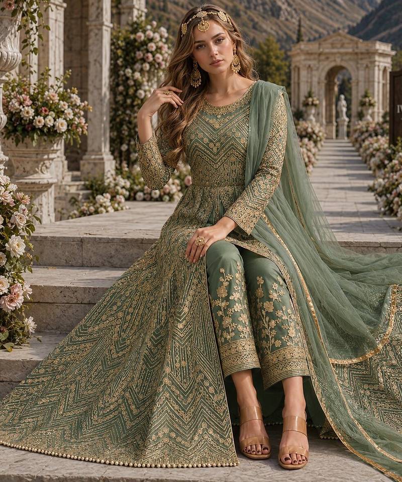Green embroidered net semi stitched anarkali suit