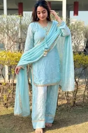 Blue satin lace farshi salwar set