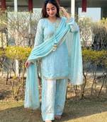 Blue satin lace farshi salwar set