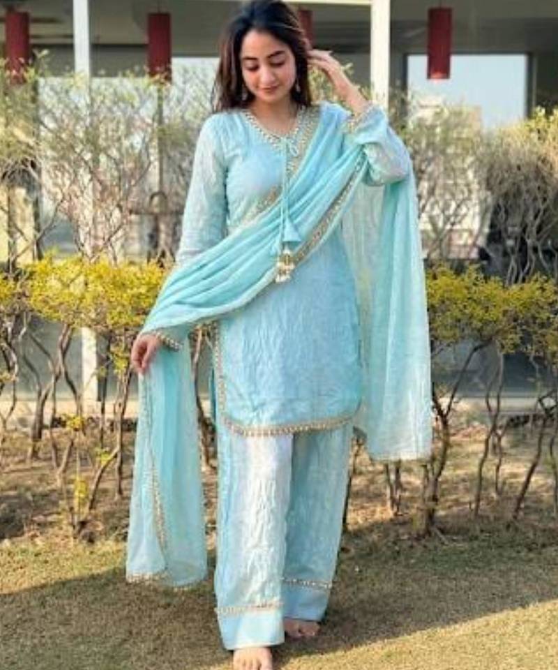 Blue satin lace farshi salwar set