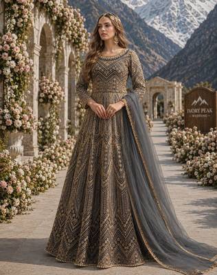 Grey embroidered net semi stitched anarkali suit 1