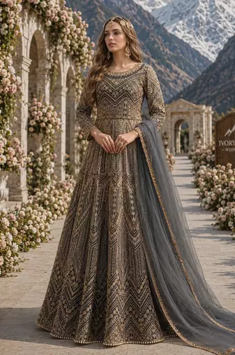 Grey embroidered net semi stitched anarkali suit