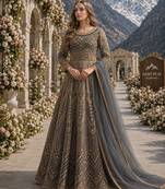 Grey embroidered net semi stitched anarkali suit