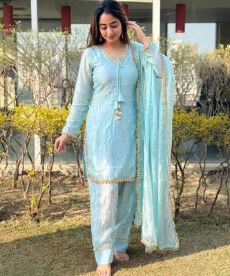 Blue satin lace farshi salwar set 2