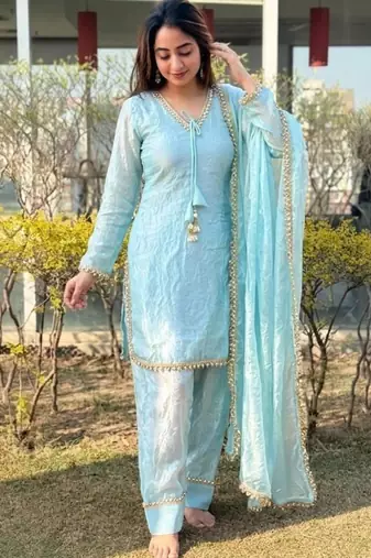 Blue satin lace farshi salwar set