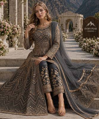 Grey embroidered net semi stitched anarkali suit 2