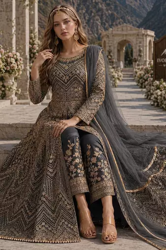 Grey embroidered net semi stitched anarkali suit