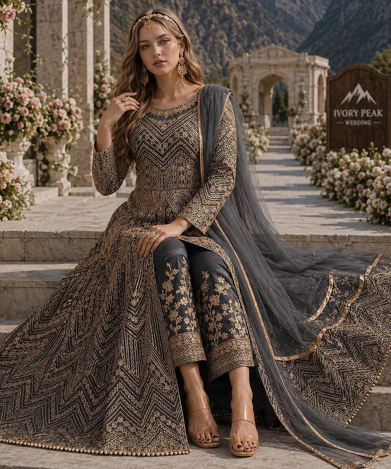 Grey embroidered net semi stitched anarkali suit