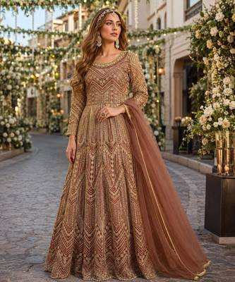 Orange embroidered net semi stitched anarkali suit 1