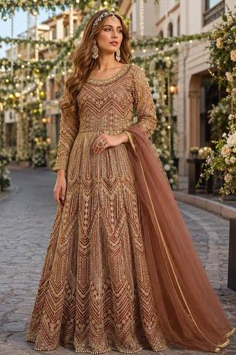 Orange embroidered net semi stitched anarkali suit