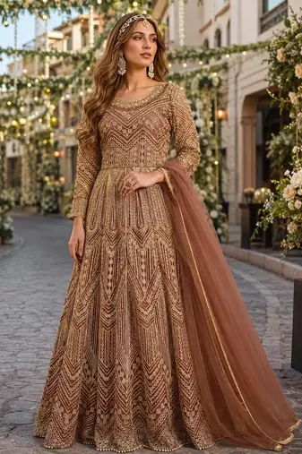 Orange embroidered net semi stitched anarkali suit