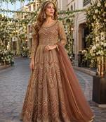 Orange embroidered net semi stitched anarkali suit