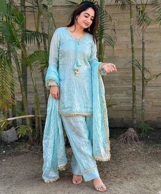 Blue satin lace farshi salwar set 3