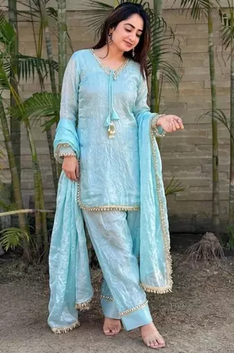 Blue satin lace farshi salwar set