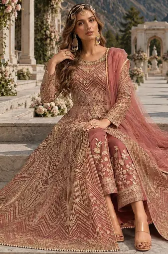 Orange embroidered net semi stitched anarkali suit