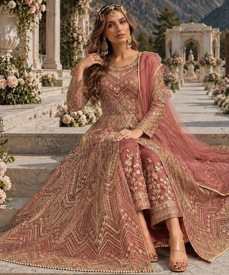 Orange embroidered net semi stitched anarkali suit