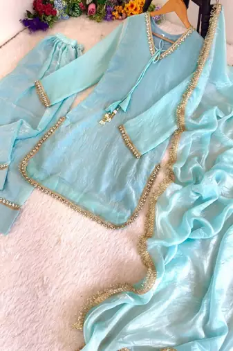 Blue satin lace farshi salwar set