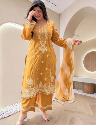 Women Ethnic Motifs Embroidered Regular Thread Work Kurta with Palazzos & With Dupatta 1