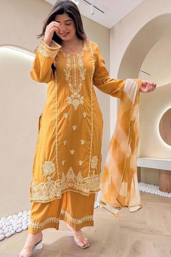 Women Ethnic Motifs Embroidered Regular Thread Work Kurta with Palazzos & With Dupatta