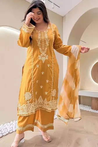 Women Ethnic Motifs Embroidered Regular Thread Work Kurta with Palazzos & With Dupatta