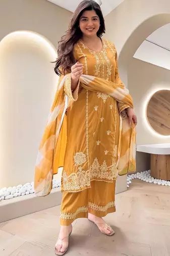 Women Ethnic Motifs Embroidered Regular Thread Work Kurta with Palazzos & With Dupatta