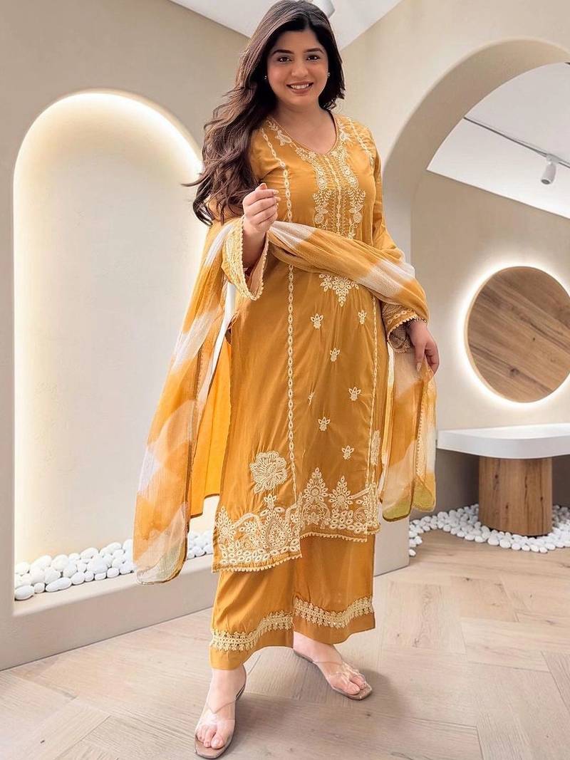 Women Ethnic Motifs Embroidered Regular Thread Work Kurta with Palazzos & With Dupatta