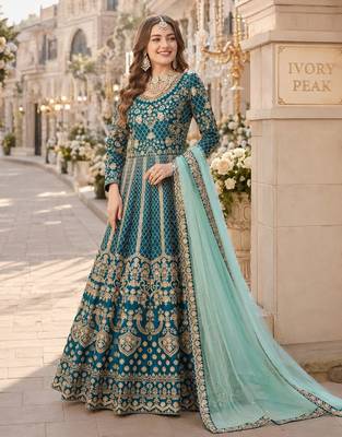 Teal embroidered art silk semi stitched anarkali suit 1
