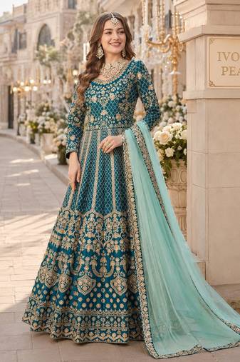 Teal embroidered art silk semi stitched anarkali suit