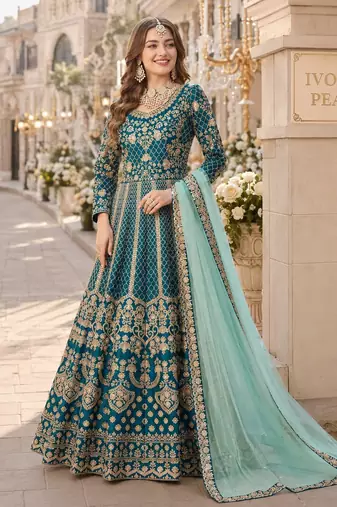 Teal embroidered art silk semi stitched anarkali suit