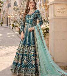 Teal embroidered art silk semi stitched anarkali suit