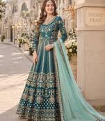 Teal embroidered art silk semi stitched anarkali suit