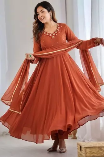 Dark-orange faux georgette lace kurta set