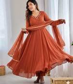 Dark-orange faux georgette lace kurta set