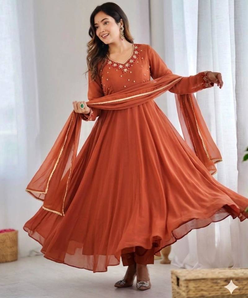 Dark-orange faux georgette lace kurta set