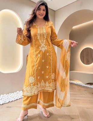 Women Ethnic Motifs Embroidered Regular Thread Work Kurta with Palazzos & With Dupatta 6