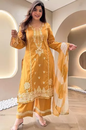 Women Ethnic Motifs Embroidered Regular Thread Work Kurta with Palazzos & With Dupatta