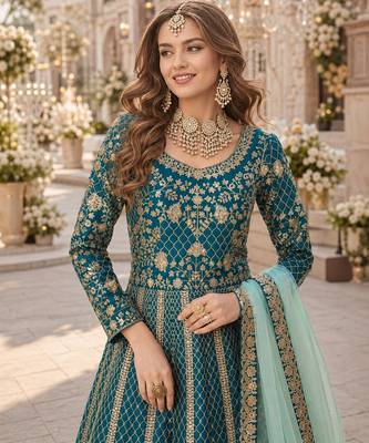Teal embroidered art silk semi stitched anarkali suit 2