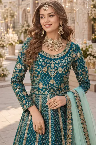 Teal embroidered art silk semi stitched anarkali suit