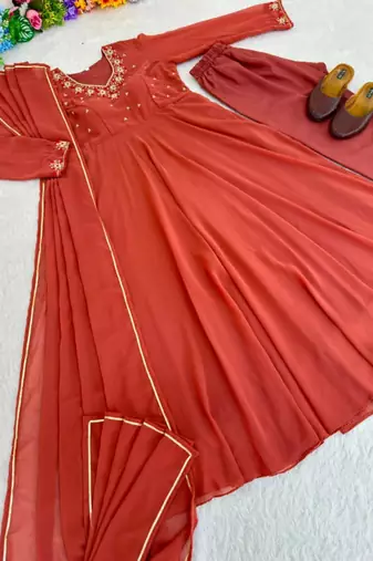 Dark-orange faux georgette lace kurta set