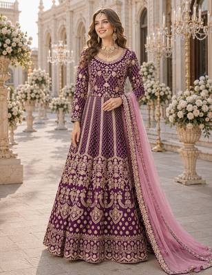 Purple embroidered art silk semi stitched anarkali suit 1