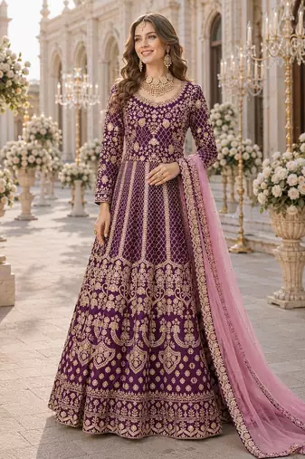 Purple embroidered art silk semi stitched anarkali suit