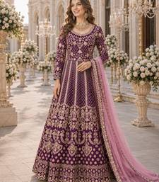 Purple embroidered art silk semi stitched anarkali suit