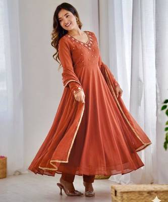 Dark-orange faux georgette lace kurta set 3