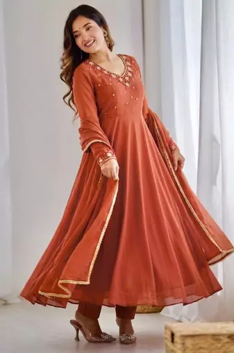 Dark-orange faux georgette lace kurta set