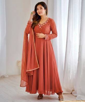 Dark-orange faux georgette lace kurta set 4