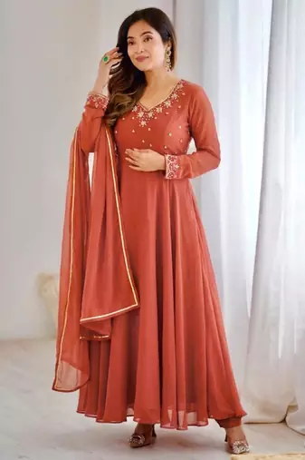Dark-orange faux georgette lace kurta set