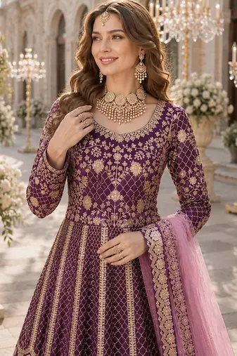 Purple embroidered art silk semi stitched anarkali suit