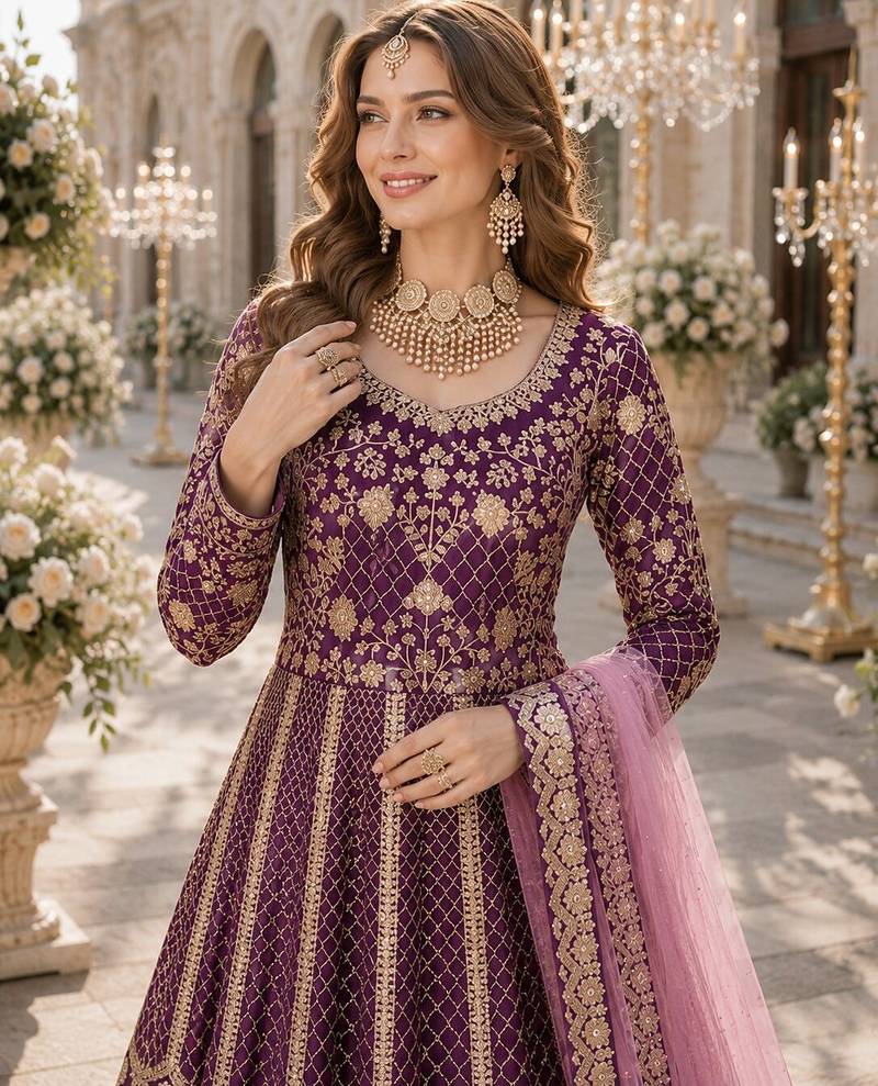 Purple embroidered art silk semi stitched anarkali suit