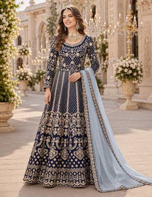 Navy blue embroidered art silk semi stitched anarkali suit 1